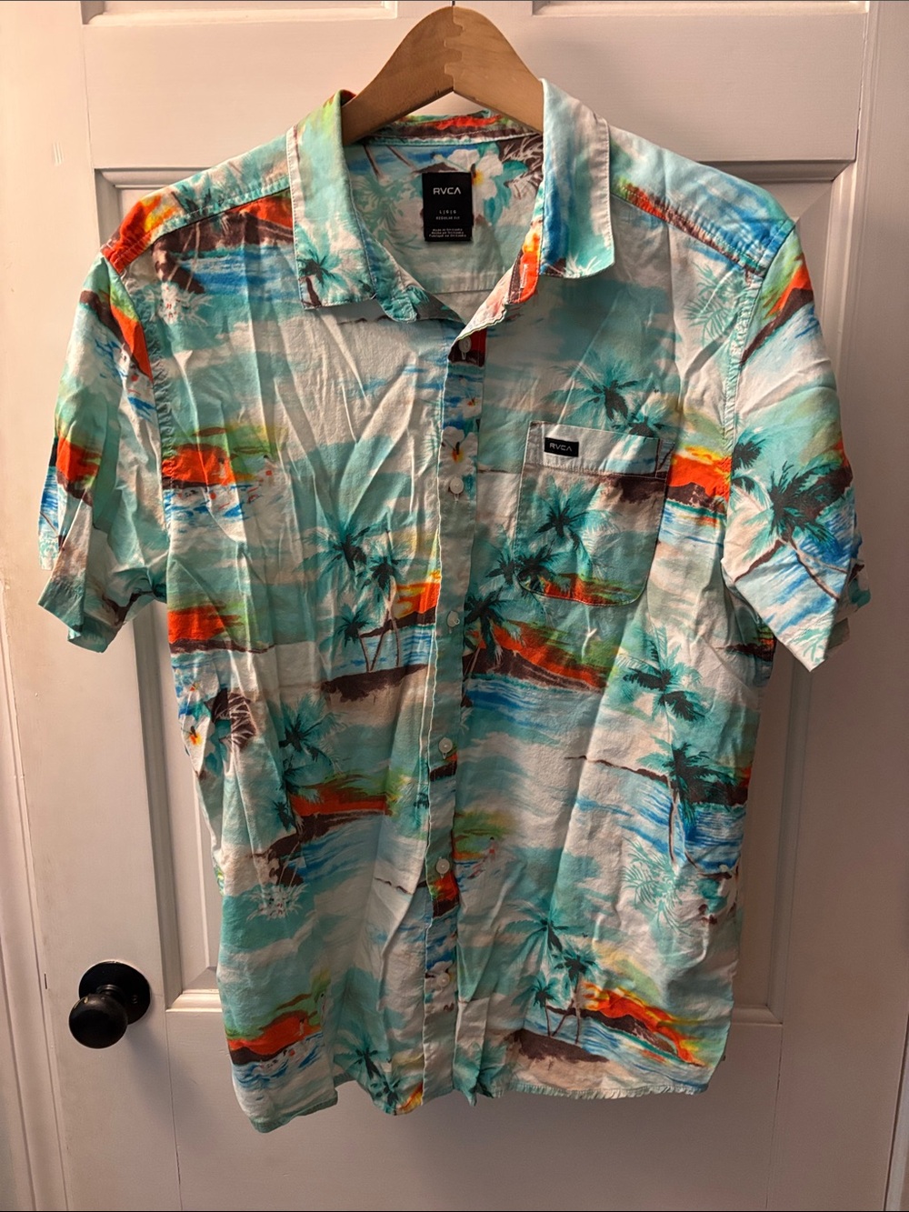 RVCA Teal and Aqua Tropical Palm Short-Sleeve Button-Down